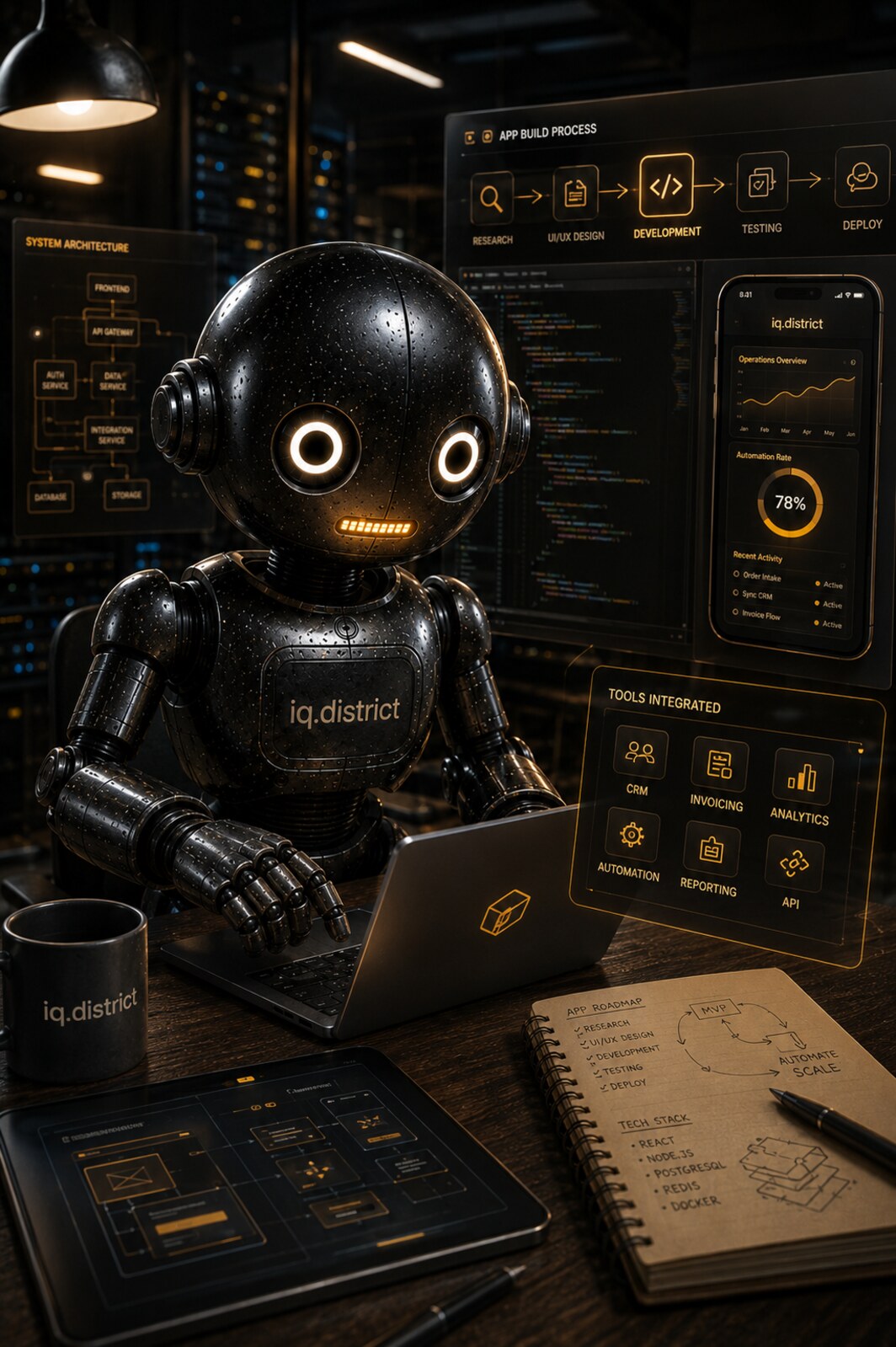 LEX building, surrounded by code and the iq.district stack.